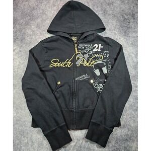 South Pole Youth Y2K Black Hoodie Metallic Gold Accents Size XL